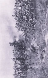 O 28º Regimento de Gloucester recebe a cavalaria francesa em Waterloo 18 de junho de 1815, ilustração das Batalhas Britânicas na Terra e no Mar, 1915