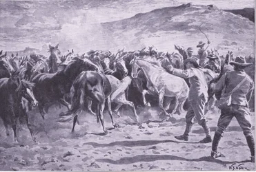 A captura dos cavalos no distrito de Brandwater, perto de Fouriesburg: arredondando a manada, ilustração de After Pretoria: The Guerilla War, 1902