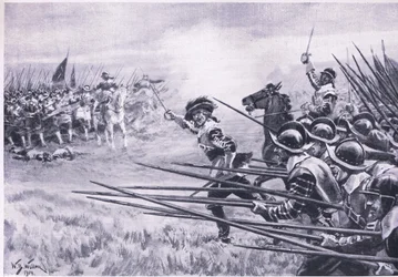 A acusação da infantaria realista em Naseby, em junho de 1645, ilustração das batalhas britânicas em terra e mar, 1915