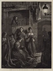 London Life at the East End, Sack-Making by the Light of a Street Lamp (gravura)