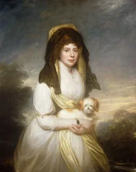 Retrato da rainha Charlotte, de três quartos, em um vestido branco, um xale amarelo e mantilha preta, segurando um cão maltês, nos jardins da Frogmore House,