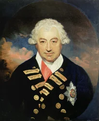 Retrato do contra-almirante Sir John Jervis (1735-1823), primeiro conde de São Vicente, com a fita da Ordem do Banho, comandando a frota britânica do Mediterrâneo em 1795 e 1797, ao lado de Horatio Nelson (1758-1805), ele faz frente à frota espanhola ao la