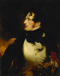 Retrato de um oficial da Marinha, metade do comprimento, de uniforme, carregando uma espada de apresentação e usando o distintivo de um CB,