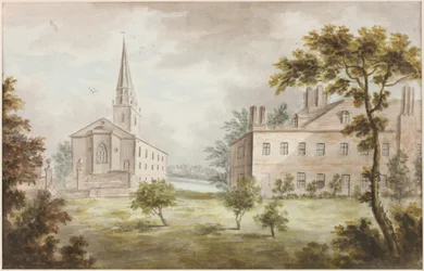 Igreja e casa na paisagem (lápis e aquarela sobre papel)