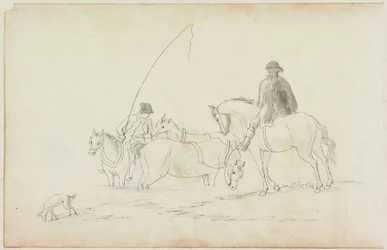 Dois homens a cavalo com dois cavalos e cachorro (lápis e aquarela (lavar) em papel (em papel com M751))