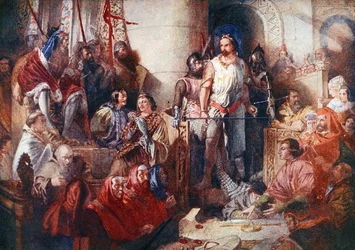 The Trial of Sir William Wallace (c.1272-1305) at Westminster, ilustração de 