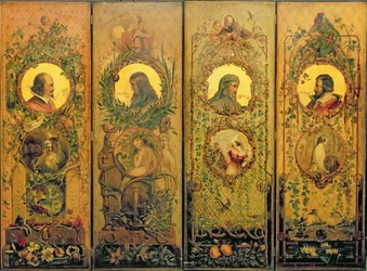 Uma tela de quatro folhas com retratos de Shakespeare, Milton, Chaucer e Spenser