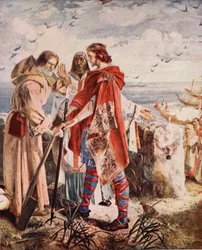Egfrith oferece o bispado de Hexham a Cuthbert, 678, ilustração da "História da nação britânica" de Hutchinson, c.1920