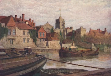 Maidstone. Parte traseira do palácio antigo, da igreja e da faculdade velha através do Medway, c1900