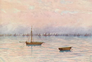 A frota de ostras de Whitstable a dragar ao largo de Herne Bay (litografia a cores)