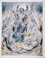 Satanás dirigindo-se aos seus potentados, ilustração de "Paradise Regained" de John Milton, c.1816-18 (caneta e tinta, aguarela e aguarela sobre papel)