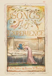 Canções de Experiência: Página de título, c.1825 (gravura de tinta marrom colorida à mão em aquarela)