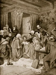 Robert Bruce conferindo uma Carta, 1329, ilustração da "Hutchinson&39;s Story ofthe British Nation", c.1920