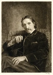 Robert Louis Stevenson (1850-1894) Autor britânico mais conhecido por seus livros best-seller Treasure Island, Kidnapped e Strange Case of Dr Jekyll e Mr Hyde. Ilustração de William Brassey Hole (1