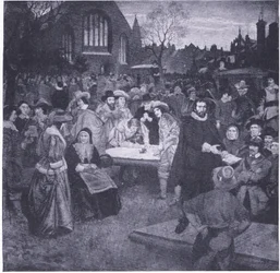 Assinatura do National Covenant no cemitério de Greyfriars em 1638, de Cassells History of the British People, publicado pela Waverley Book Company Limited, cerca de 1940