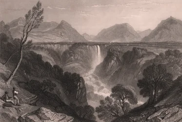 Vista das cascatas de Marmore (Cascata delle Marmore) perto de Terni, Úmbria, Itália, gravura em metal aço de James Tibbitts Willmore (1800-1863) segundo desenho de William Brockedon (1787-1854), cerca de 23x18,5 cm