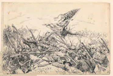 Desenho, o corpo de Hancock assalta as fortificações no "Bloody Angle", 1887