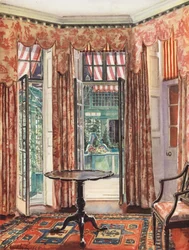 Decoração de interiores: Um quarto londrino em tons de vermelho (litografia a cores)