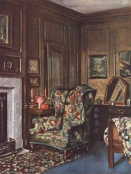 Decoração de interiores: Um quarto com paredes castanhas animado por cores vivas (litografia a cores)