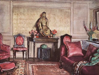 Decoração de interiores: Um esquema de mobiliário que mostra uma utilização bem sucedida de cor-de-rosa (litografia a cores)