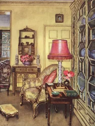 Decoração interior: Uma pequena sala de estar amarela (litografia a cores)