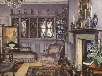 Decoração interior: Uma sala de estar em cinzento malva (litografia a cores)