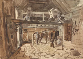 Interior de um Estábulo, com Alimentação de Cavalos de Reboque