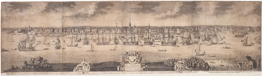 Uma Prospecta Sul da Cidade Ye Florescente de Nova York na Província de Nova York na América, gravada por John Harris, 1717-18