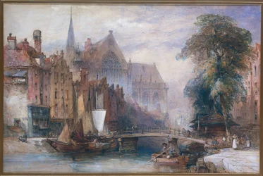 Vista do Nieuwe Kerk e do Nieuwezijds Voorburgwal em Amsterdã, do norte