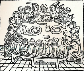Os Peregrinos de Canterbury sentados para uma refeição compartilhada, 1485
