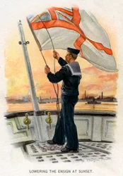 Abaixando a bandeira ao pôr do sol, c1890-c1893.