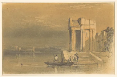 Ruínas de um templo sobre um lago numa paisagem italiana
