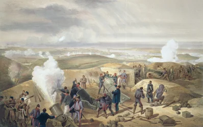 Um dia quente nas baterias, placa de "o assento da guerra no leste", bar. por Paul e Dominic Colnaghi und Co., 1856