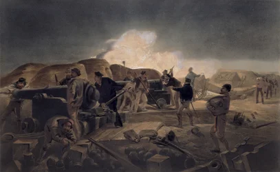 Uma noite quente nas baterias, prato de &39;The Seat of War no Oriente&39;, pub. por Paul e Dominic Colnaghi und Co., 1856