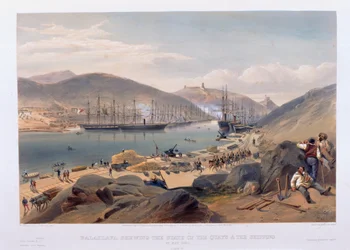 Balaclava mostrando o estado dos cais e o transporte marítimo em maio de 1855
