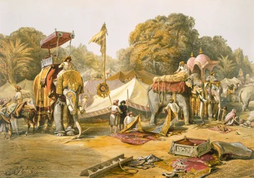 Pheel Khana, ou alojamentos dos elefantes, acampamento de Holkar, de «India Ancient and Modern», 1867