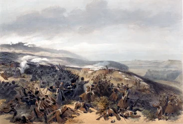 Segunda carga dos guardas quando eles retomaram a bateria de duas armas na batalha de Inkerman, gravada por Edmond Morin (1824-82) de O assento da guerra no Oriente - primeira série, publicado pela Colnaghi und