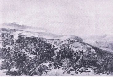 Segunda acusação dos Guardas, quando retomou as duas baterias de armas na Batalha de Inkerman, ilustração das Batalhas Britânicas na Terra e no Mar, 1915