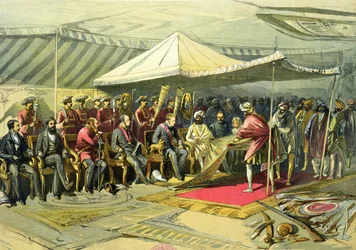 A visita de retorno do vice-rei ao marajá de Cashmere, 1863 (chromolitho)