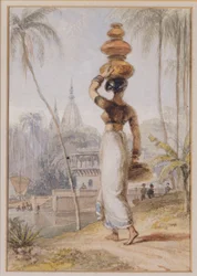 Mulher Hindu carregando um Waterpot (lápis e aquarela)