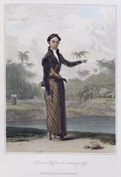 Um chefe javanês em seu vestido ordinário, pl. 4 de Vol I de &39;A História de Java&39; por Thomas Stamford Bingley Raffles (1781-1826) pub. 1817 (aquatinta colorida)