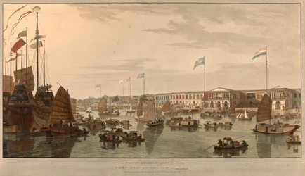 Postos comerciais europeus (Companhias das Índias Orientais) em Cantão, China. Desenhado e gravado por William Daniell (1769-1837) 1805