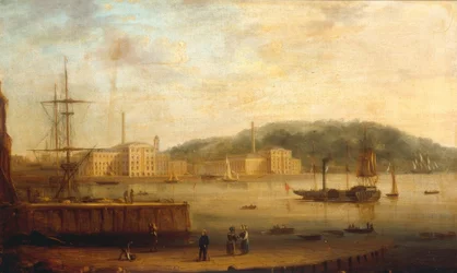 Porto de Plymouth, com o Royal William Victualling Yard