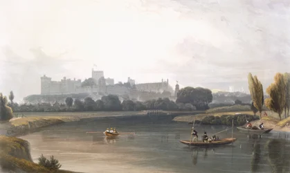 Castelo de Windsor do Rio Tâmisa: uma visão do oeste e pesca de barcos, c1827-30.