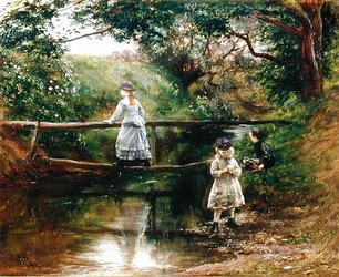 Sobre o Tyne perto de Ormiston - Crianças Recolhendo Flores Silvestres (óleo sobre tela)