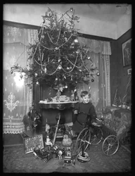 Seymour menino posou com triciclo ao lado da árvore de Natal na sala de estar, Natal de 1912