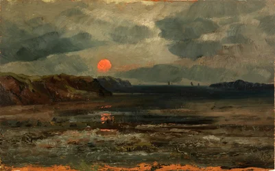 O nascer do sol sobre as águas de pesca--Maine, ca. 1880.