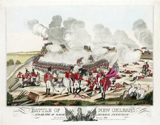 Batalha de Nova Orleans e morte do Major General Packenham no dia 8 de janeiro de 1815, pub. 1815 (gravura a cores)