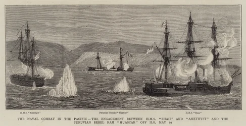 O Combate Naval no Pacífico, o noivado entre HMS Shah e Amethyst e o Ram rebelde peruano Huascar em Ilo, 29 de maio