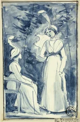 Duas mulheres em vestidos do final do século 18
